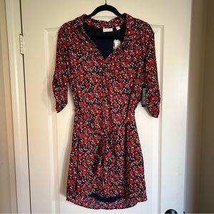 New York & Company Red & Navy Blue Floral Belted Dress (Size M)